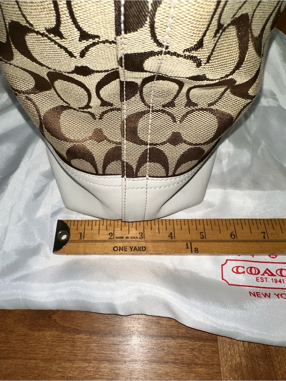 Coach Brown Khaki Signature Canvas Shoulder Bag with White Trim